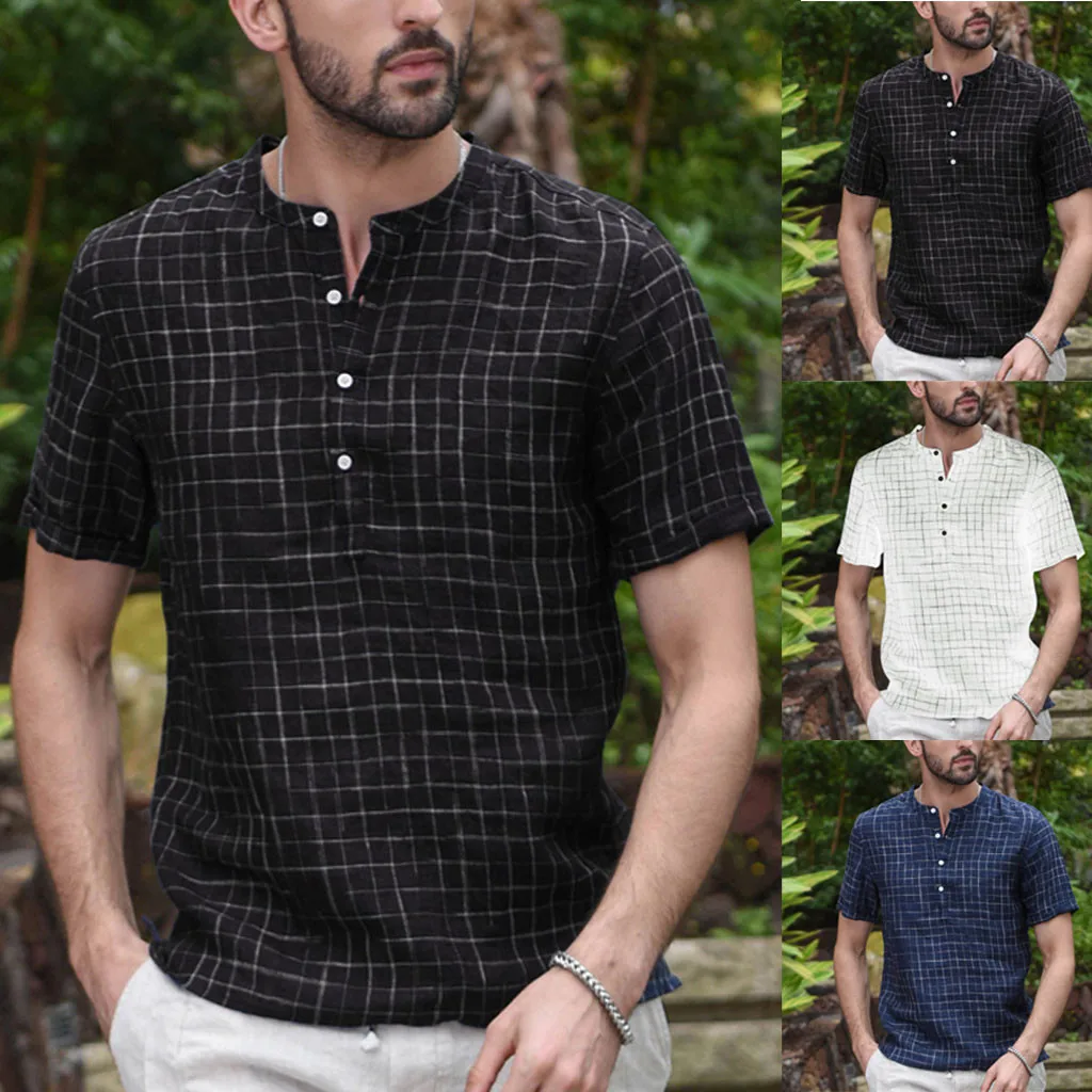 Мужские Винтажные однотонные льняные рубашки с коротким рукавом и пуговицами в