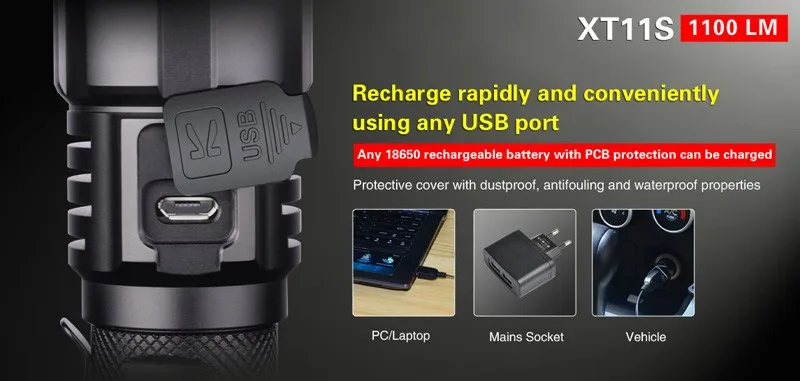 Кларус XT11S светодиодный фонарик CREE XP-L HI V3 светодиодный 1100 Люмен USB Перезаряжаемые Тактический плавный тусклый фонарь с батареей 2600 мА/ч, 18650 Батарея