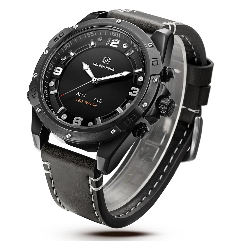 Мужские кварцевые часы Reloj Hombre GOLDENHOUR спортивные в стиле милитари с кожаным