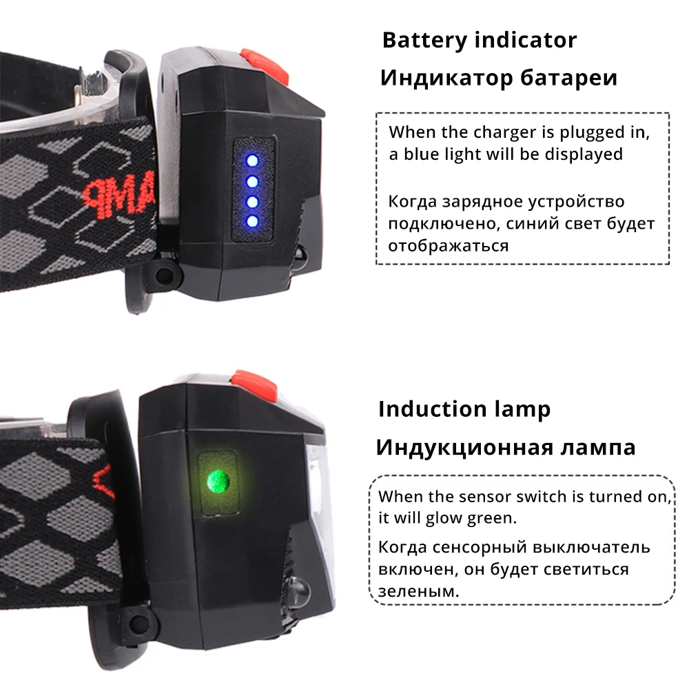 Светодиодный налобный фонарь с датчиком движения Ультраяркий зарядкой от USB 6