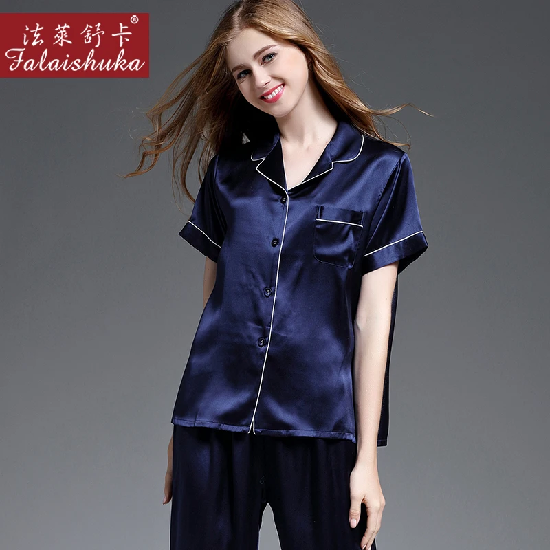 women's pajama sets silk 2019 new fashion brand pink blue 100% silk women's sleep&lounge short sleeve summer woman pajama sets