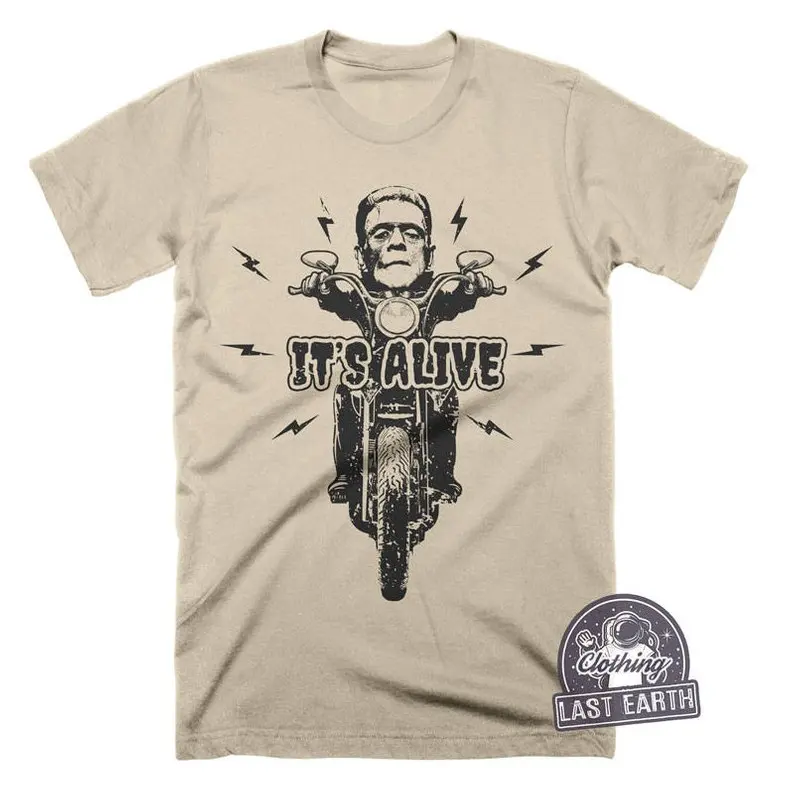 

Frankenstein Riding Motorcycle Shirt Its Alive Horror Shirts Summer Short Sleeve Size Tops Homme T Shirt