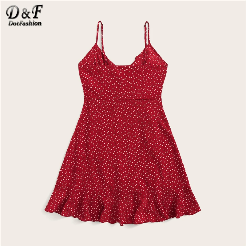 Dotfashion, красное платье-комбинация с рюшами, с завязками, для женщин, лето, без рукавов, бохо, платья для девушек, сердце, платье в горошек