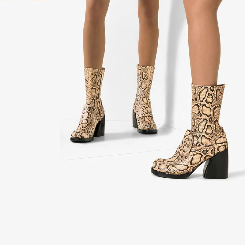 Buono Scarpe/женские ботинки с животным принтом; кожаные женские ботинки; Botas Fenimina; женские ботинки на массивном каблуке со змеиным принтом; Botas Mujer