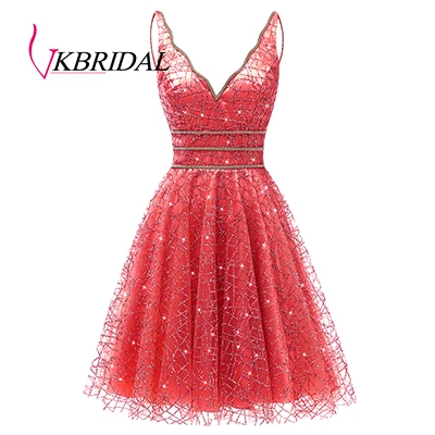 Coral VKbridal/блестящее мини-платье с глубоким v-образным вырезом и кристаллами для выпускного вечера, сверкающие платья для выпускного вечера, короткие платья для девочек - Цвет: Coral