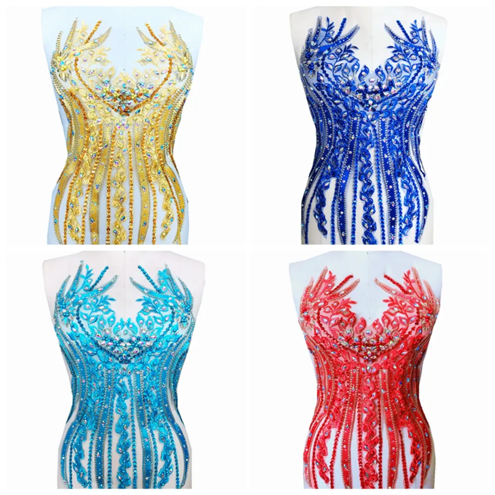 

multicolored sew on lace applique rhinestones sequins beads trim patches 54*31cm for wedding dress accessory