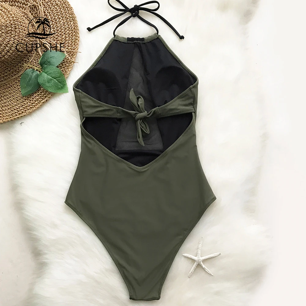 CUPSHE армейский зеленый и черный сетчатый слитный купальник с лямкой на шее