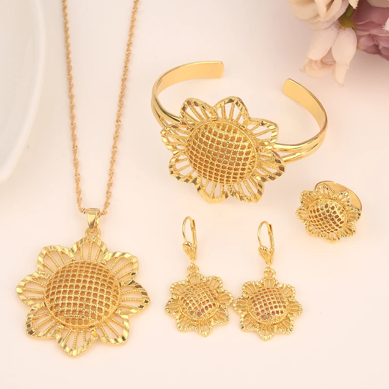 Эфиопский 24 К Solid Fine золото цветок набор Jewelry Подвеска Сеть Серьги африканские