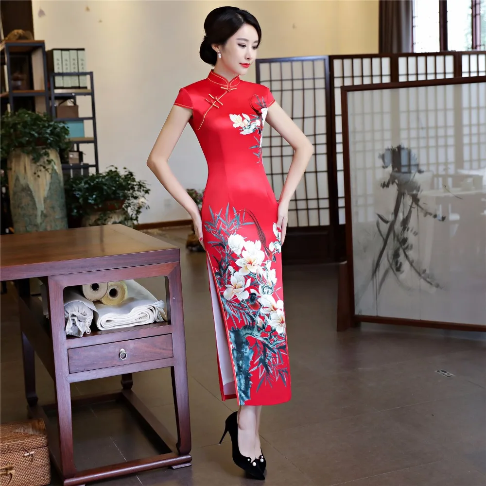 Шанхай история искусственного шелка Qipao Платье длинное Cheongsam национальный тренд платья короткий рукав тонкий Традиционный китайский платье для женщин