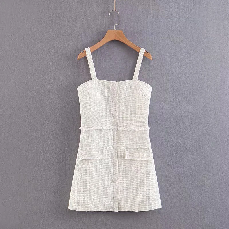 Женское твидовое мини платье Za белое повседневное однобортное на бретелях