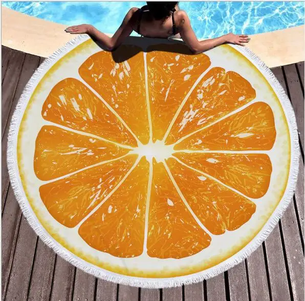 Большое круглое пляжное полотенце из микрофибры с принтом фруктов апельсинов
