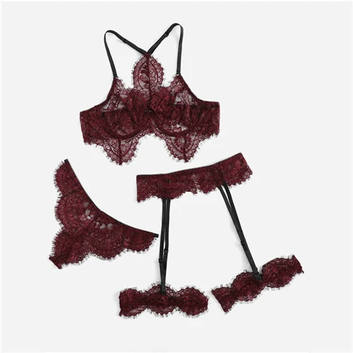 Burgundy COLROVIE бургундские кружевные подвязки с цветочным кружевом, сексуальное нижнее белье, комплект нижнего белья, черный женский беспроводной прозрачный комплект с бюстгальтером - Цвет: Burgundy