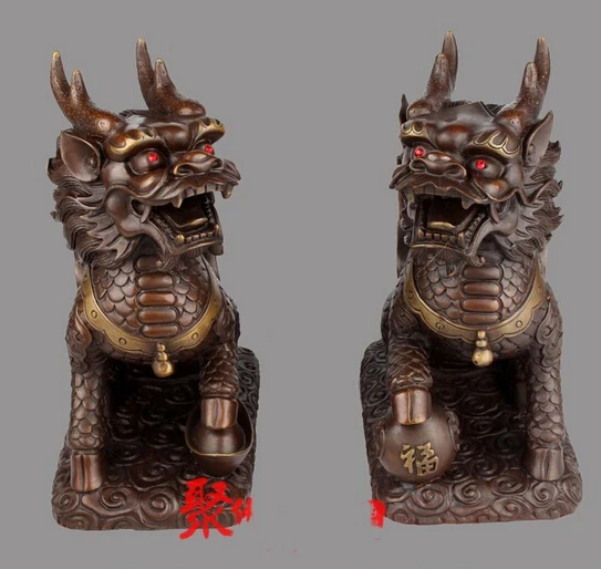 Китай (материк) Бронзовый фэншуй Yuanbao мяч Единорог kylin Kirin Foo собака статуя льва