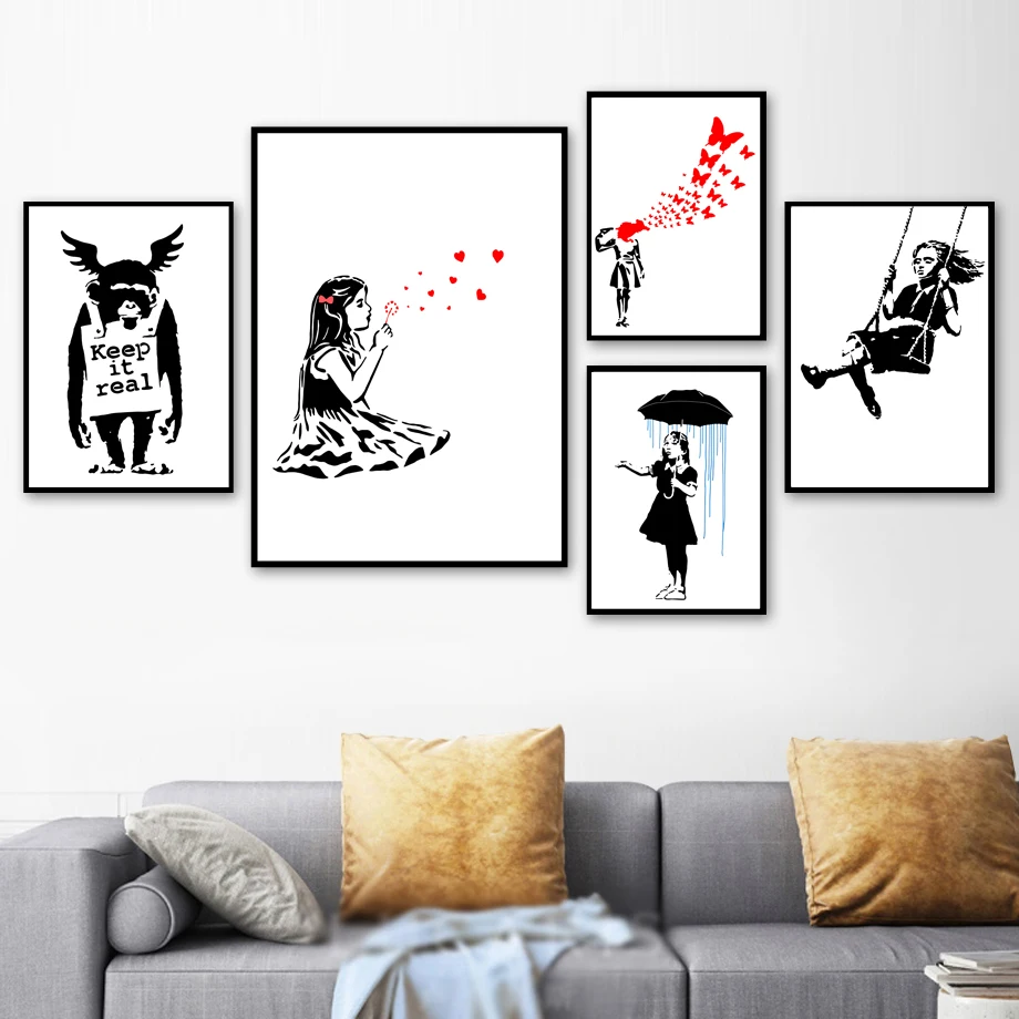 

Banksy Graffiti Abstract Umbrella Girl Orangutan Satire Wall Art Canvas Painting Nordic Poster And Print Wall Picture Home Decor