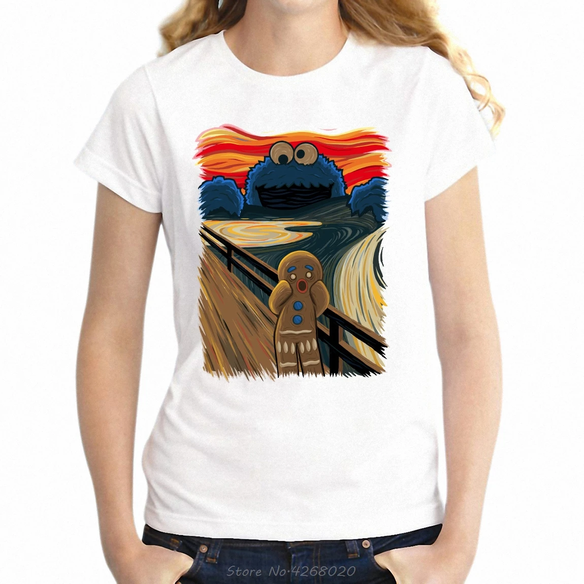 Забавная женская футболка с изображением знаменитого крика карикатура печеньем