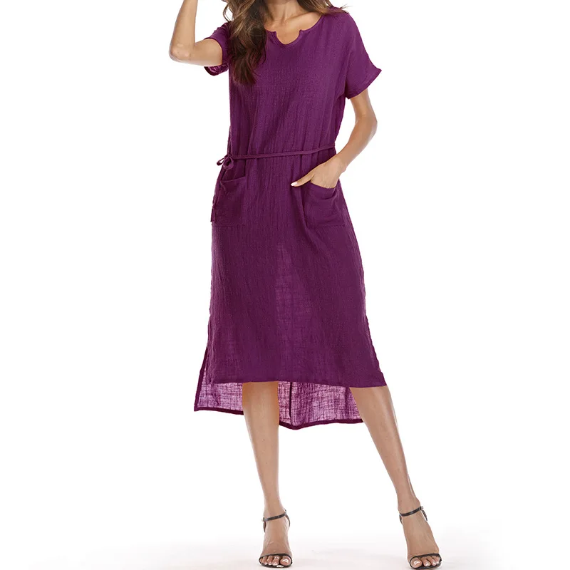 Летнее свободное хлопковое длинное однотонное платье с карманом для отдыха и