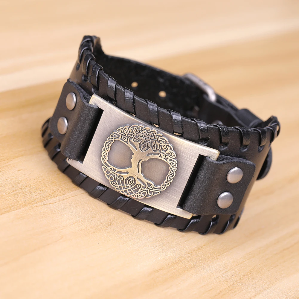 EUEAVAN 5pcs Religion Tree Of Life Amulet Charm Bracelet Wide Black/Brown Men's Leather Viking Bangle For Men | Украшения и