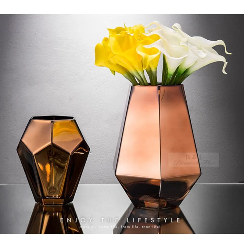 

Nordic Geometry Glass Vase Electroplate Dry Flowers Hydroponics Vases Tabletop Tall Vase New classical Home Decoration R716