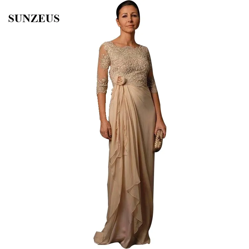 

Champagne Gown For Mother Of The Groom Half Sleeves Appliques Lace Godmother Dresses Long Chiffon Women Guest Gowns Party
