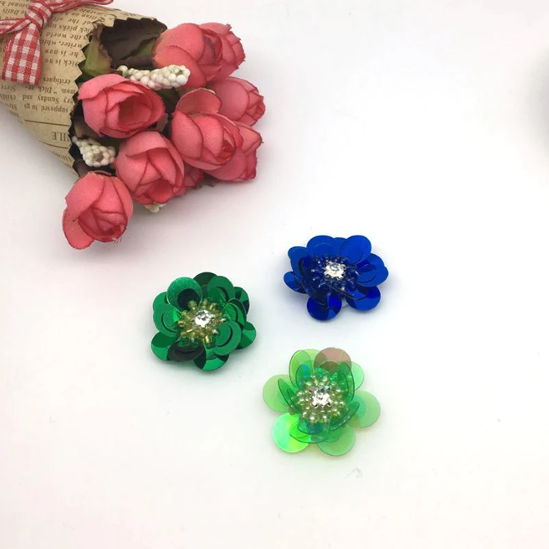 10PCS 3cm blue and green Sequins Beaded Flower Sew On Patch for Clothing Beading Applique Sweater Socks DIY Accessories | Украшения и