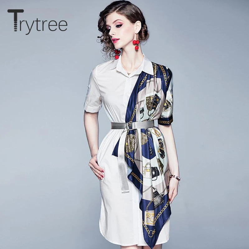 Trytree 2020 летнее женское платье повседневное с отложным воротником и поясом