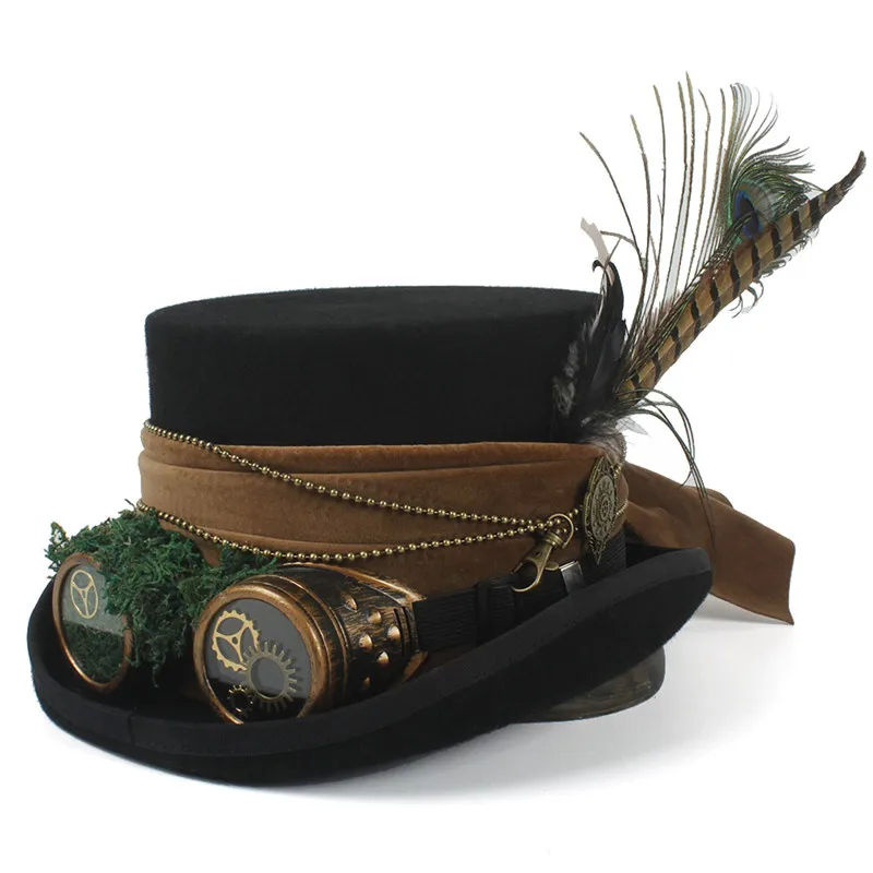 15 см Top Hat шерсть Для женщин Для мужчин Топ Фетровая Шляпа Волшебника стимпанк с ручной работы Шестерни очки Косплэй панк вечерние шапки