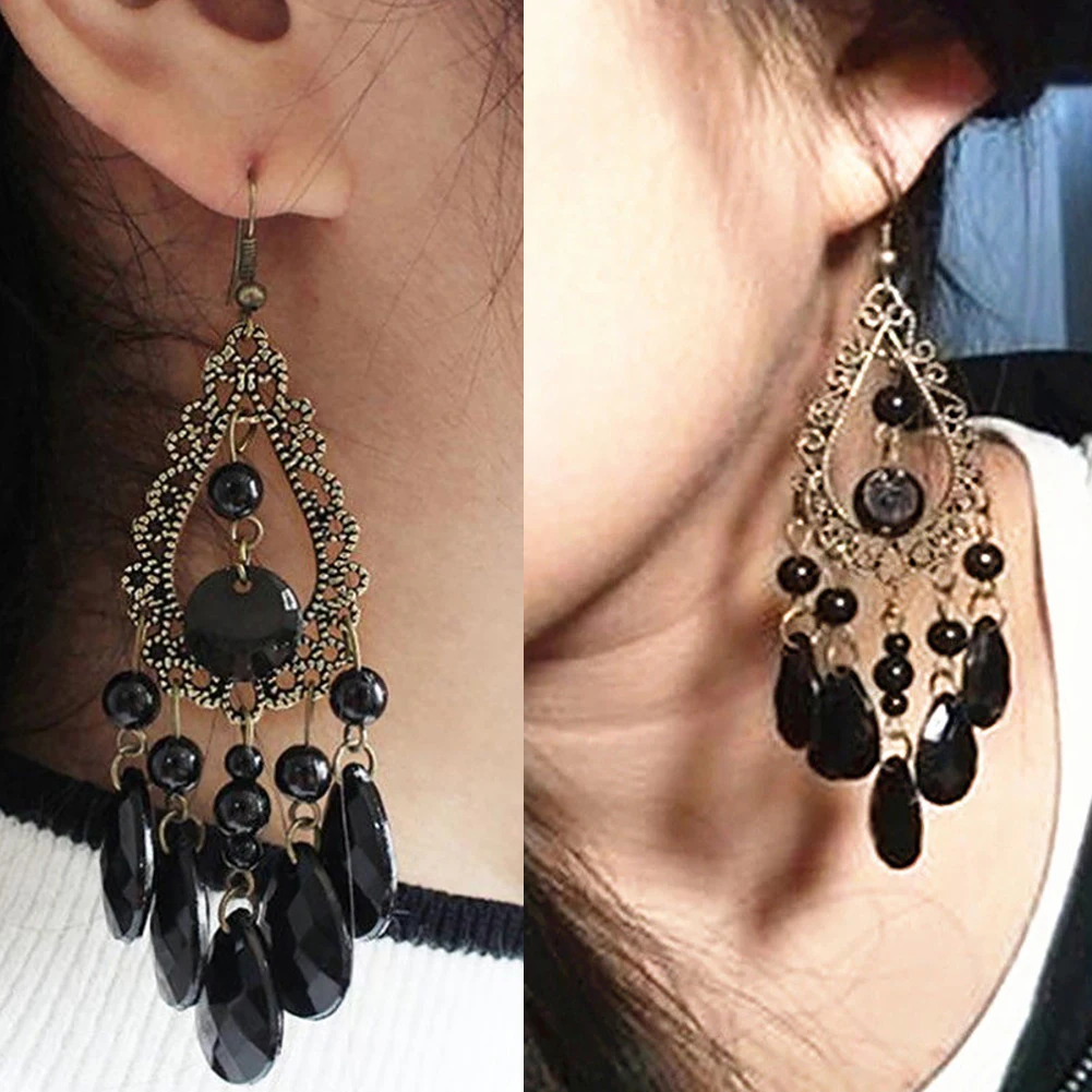 Women Boho Party Jewelry Hollow Water Drop Beads Long Dangle Hook Earrings Decor | Украшения и аксессуары