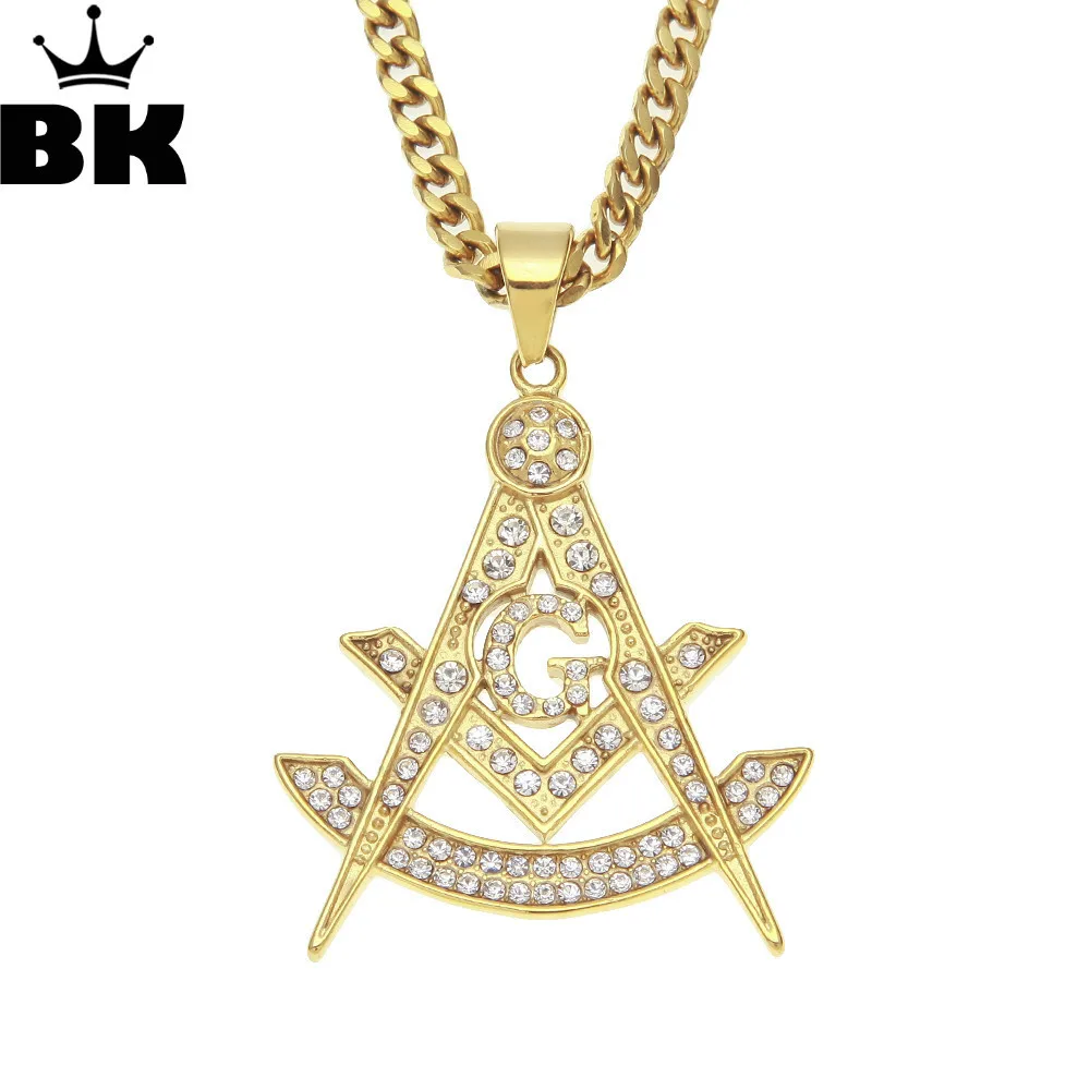 Мужская Masonic G Подвеска золотой тон из нержавеющей стали со льдом Блестящий