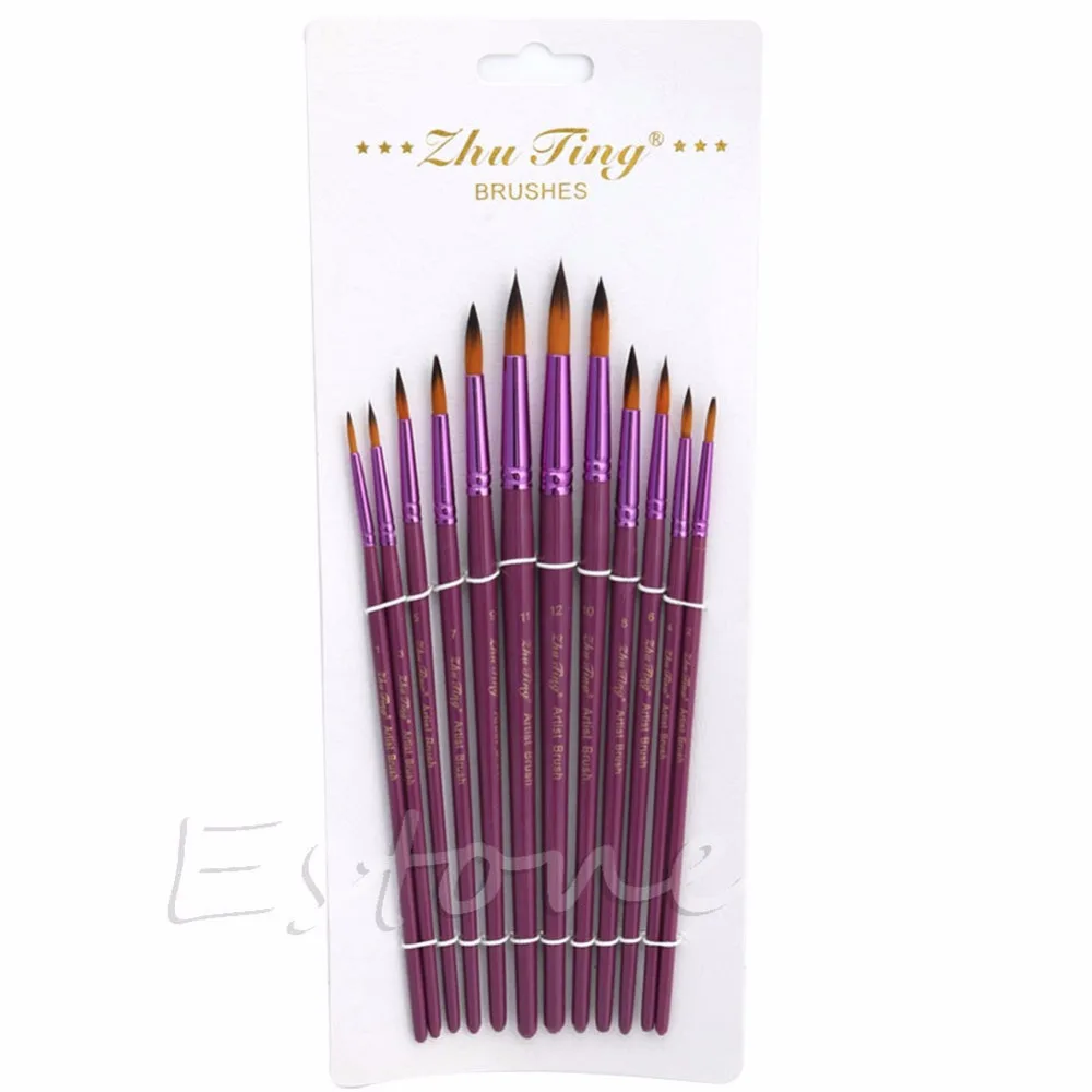 C18  New Hot 12Pcs/Set  Artist Nylon Hair Brush Tip Pointed Head Paint Watercolor Gouache