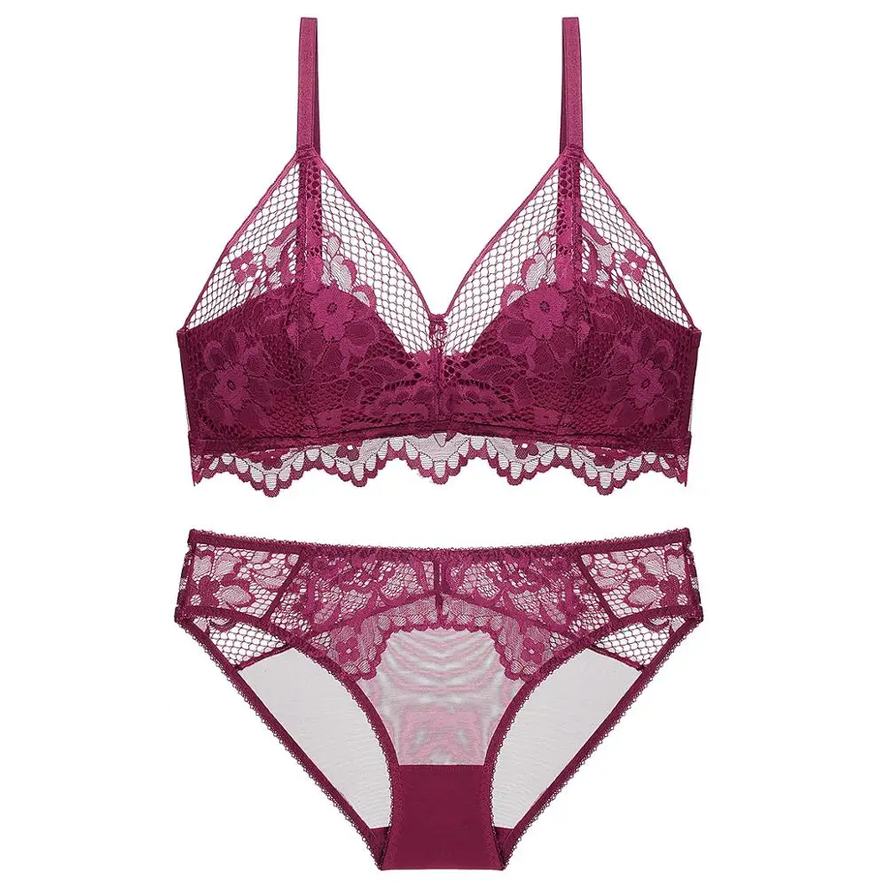 sexy mousse half cup bra sets women underwear lace mesh deep V flower wireless young girl see through panties new black green