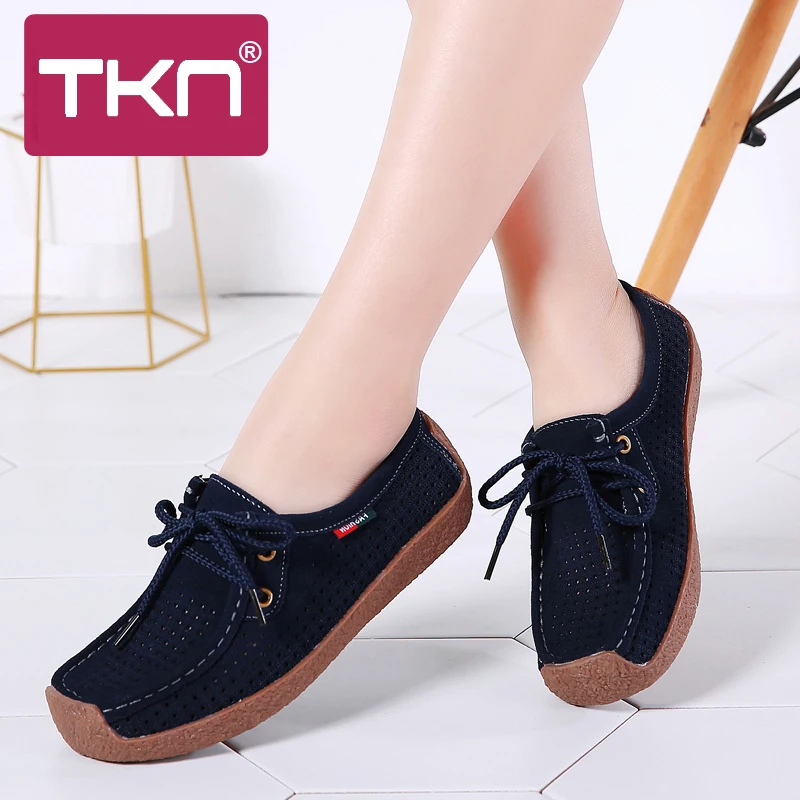 Женские кроссовки на плоской подошве TKN замшевые мокасины шнуровке с вырезами