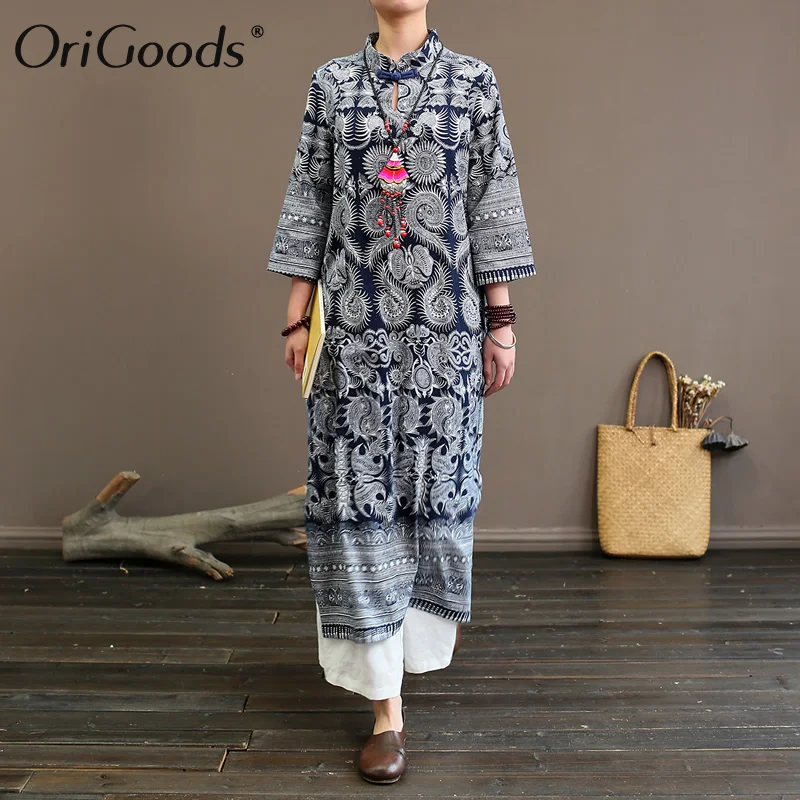 Женское длинное платье в китайском стиле из хлопка и льна | Женская одежда