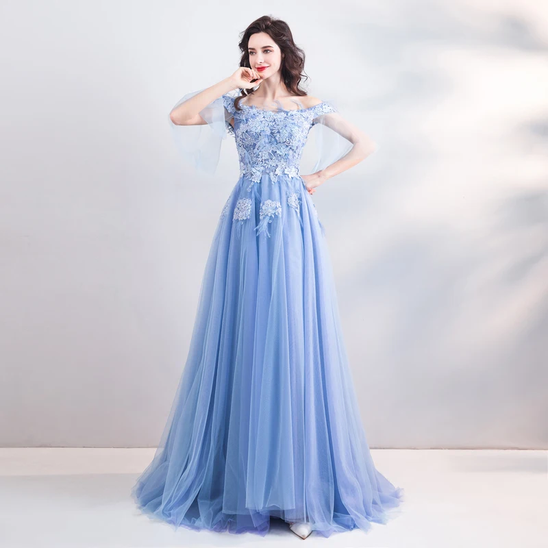 Женское вечернее платье SSYFashion Элегантное синее кружевное в пол 2019|Вечерние