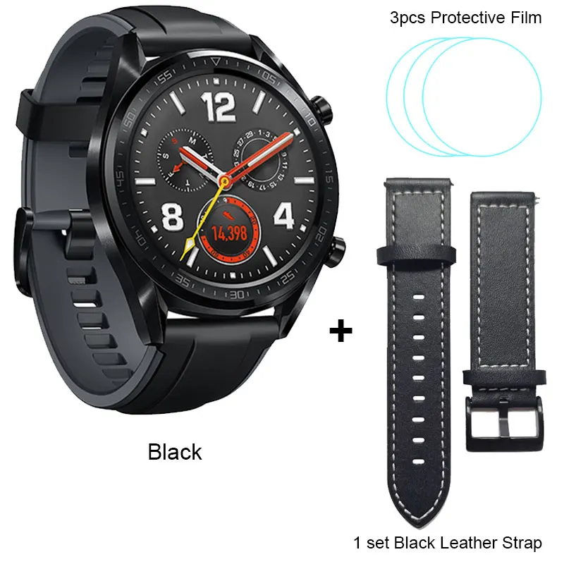 Black add Strap Film Huawei Watch GT Смарт часы Поддержка gps 5ATM водонепроницаемый AMOLED красочный экран телефонный Звонок трекер сердечного ритма для Android iOS - Цвет: Black add Strap Film