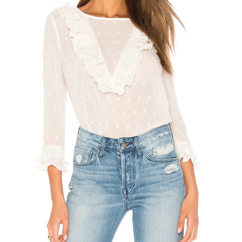 2018 Newly Sweet Women Ladies Fashion Casual T-Shirts Tops Ruffles Long Sleeve Floral White Solid Size S/M/L/XL | Женская одежда