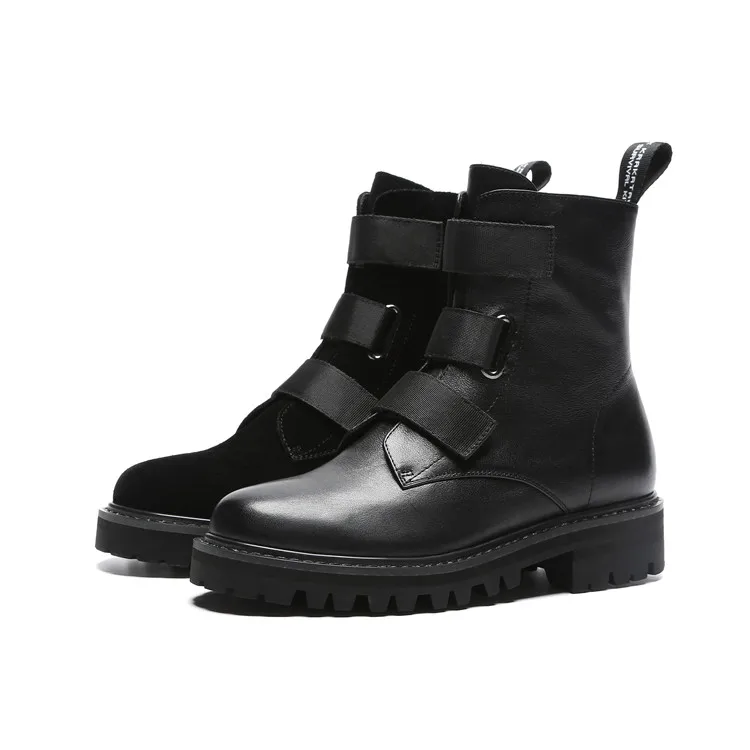 MLJUESE/женские ботильоны из коровьей кожи на застежке липучке черные теплые зимние