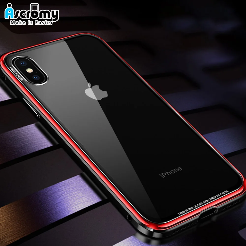 Ascromy Metal Bumper Case For iPhone X Luxury Aluminum Frame Clear Tempered Glass Back Cover Coque XS Max iPhoneX | Мобильные