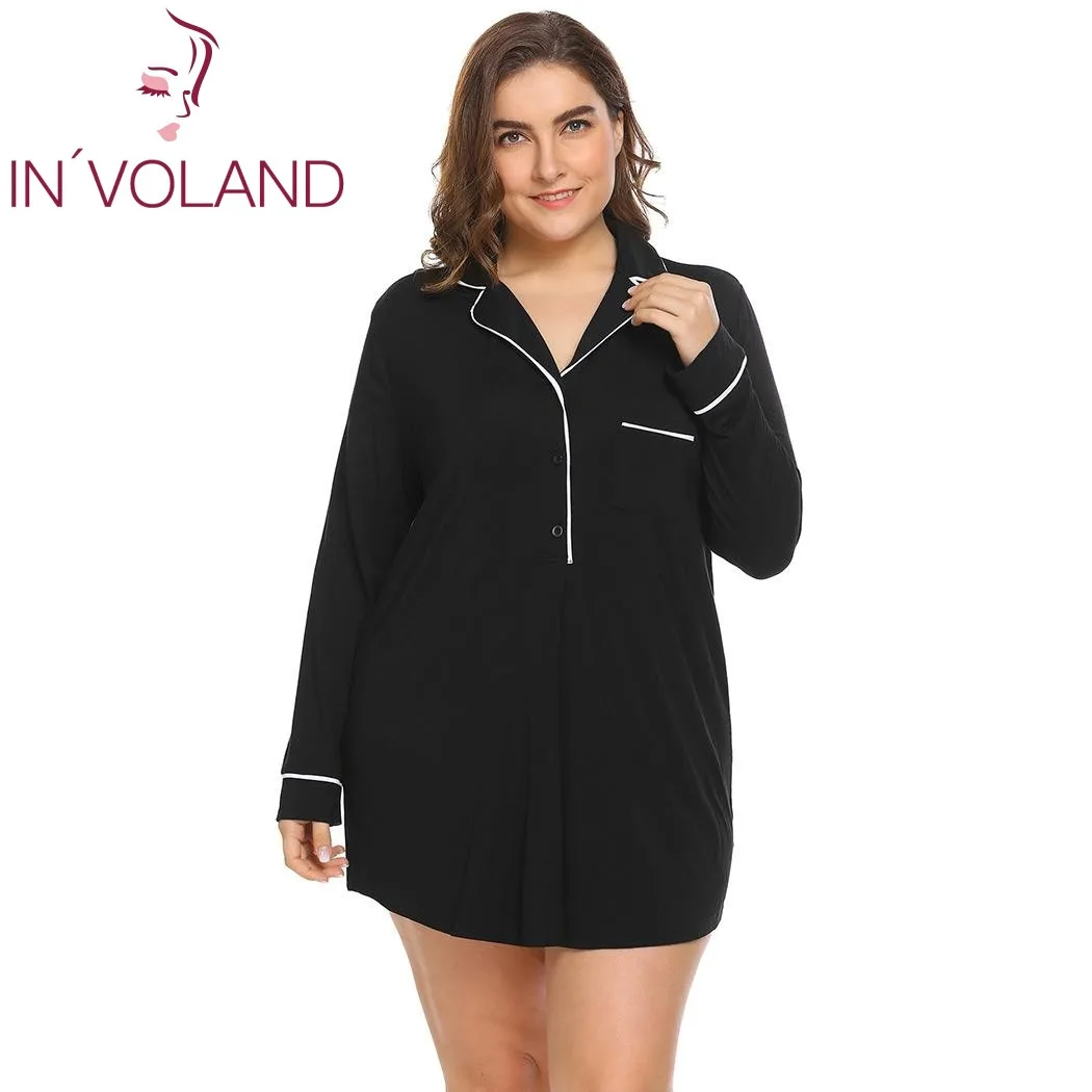 IN'VOLAND, большой размер, женская одежда для сна, платье, XL-4XL, весна-осень, мягкое женское белье с отворотом, пуговица, большая ночная рубашка, ночная рубашка размера плюс