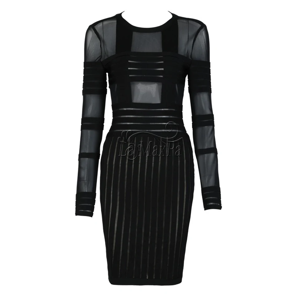 2019 New summer Black sexy Dress Long Sleeve Patchwork Hollow Out Pencil Bodycon Female Mesh Perspective bandage Dresses | Женская