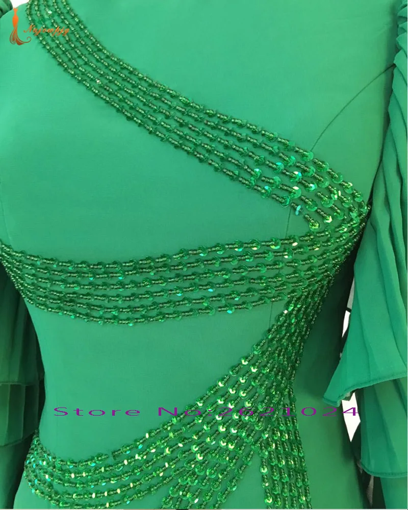 Hire Lnyer Custom Fit Open Back Pleat Long Sleeve Shiny Beading Sequins Green Chiffon Cocktail Party Dress vestidos de coctel | Свадьбы и