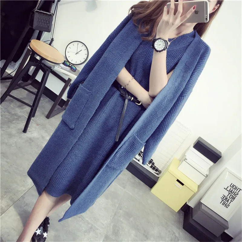 Корейский стиль 2019 весна осень модный свитер платье длинный вязаный кардиган без