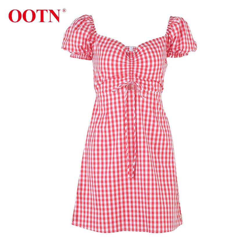 OOTN Красное Белое клетчатое женское мини-платье кружевные буффы на рукавах винтажные летние сарафаны Повседневные женские короткие платья на шнурке