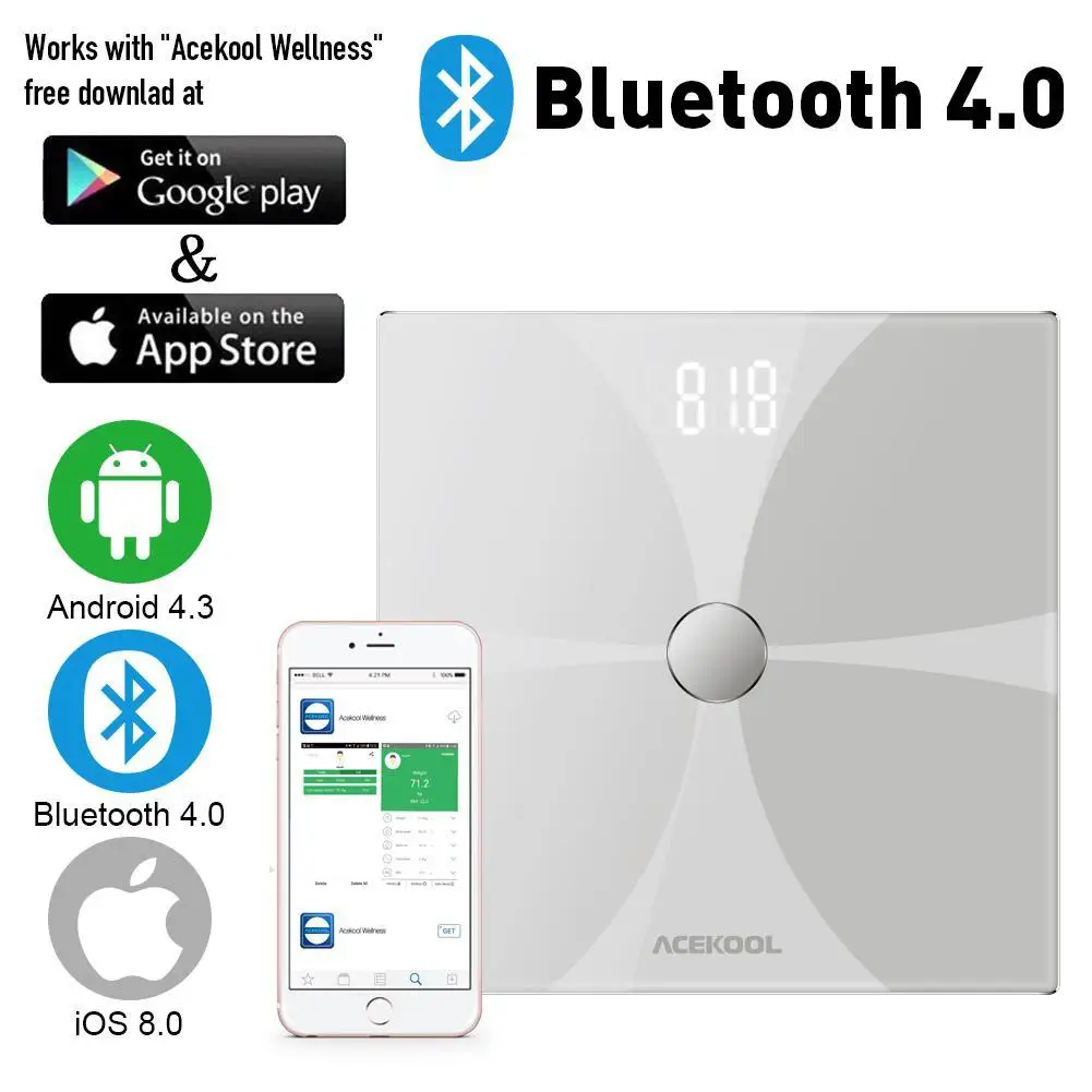 Adeeing Bluetooth напольные весы смарт беспроводной цифровые весы для ванной Большой с подсветкой ЖК-дисплей высокоточные измерения