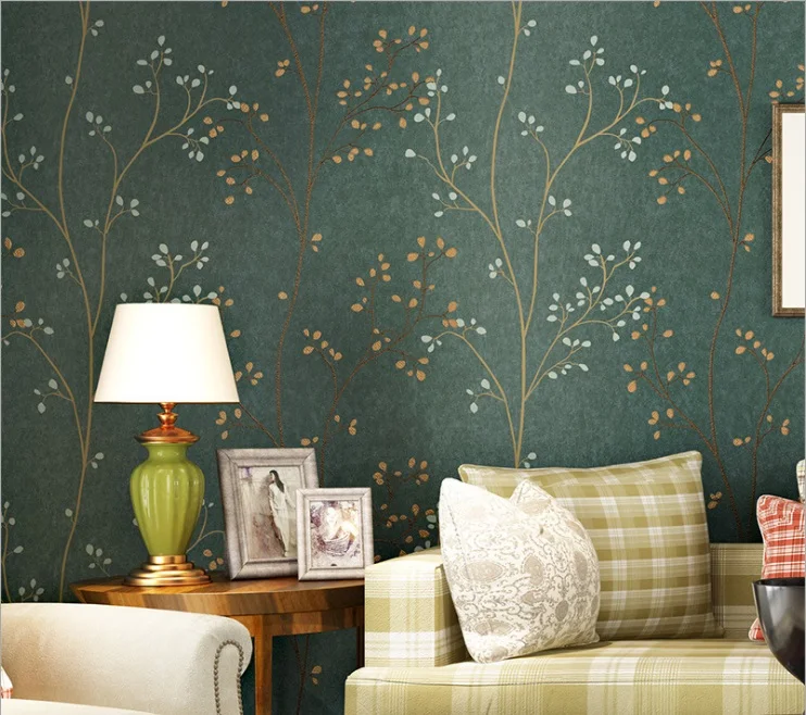 

American retro dark green non-woven tree branches wallpaper bedroom living room background Nordic woods foliage garden wallpaper