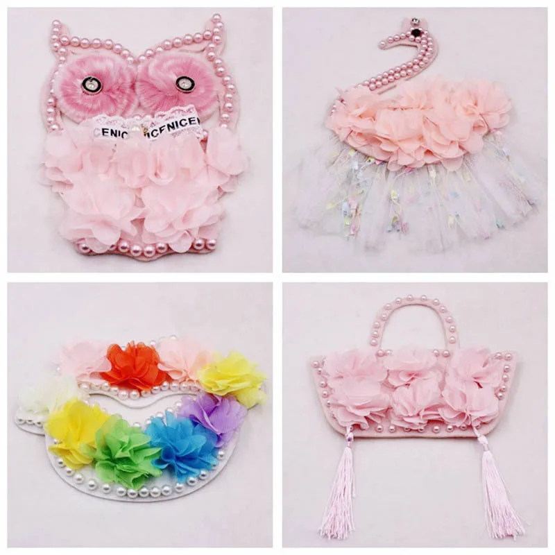 Lovely cartoon animal pearl embroidery cloth patchs pasting for DIY clothing home textile luggage jewelry chiffon flower brooch | Дом и сад