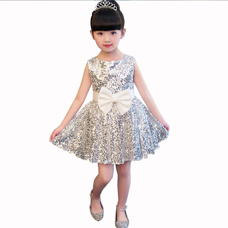 Платье с бантом и блестками спереди для маленьких девочек серебристая вечерняя
