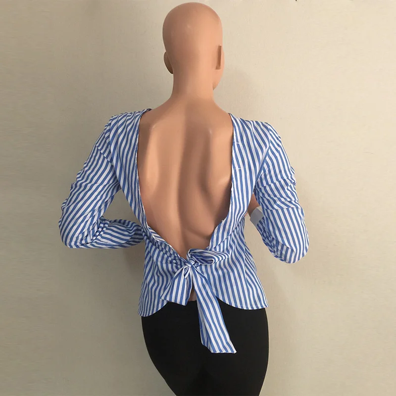 Avodovama M Sexy Backless полосатая блузка 2017 с круглым вырезом и длинным рукавом полый