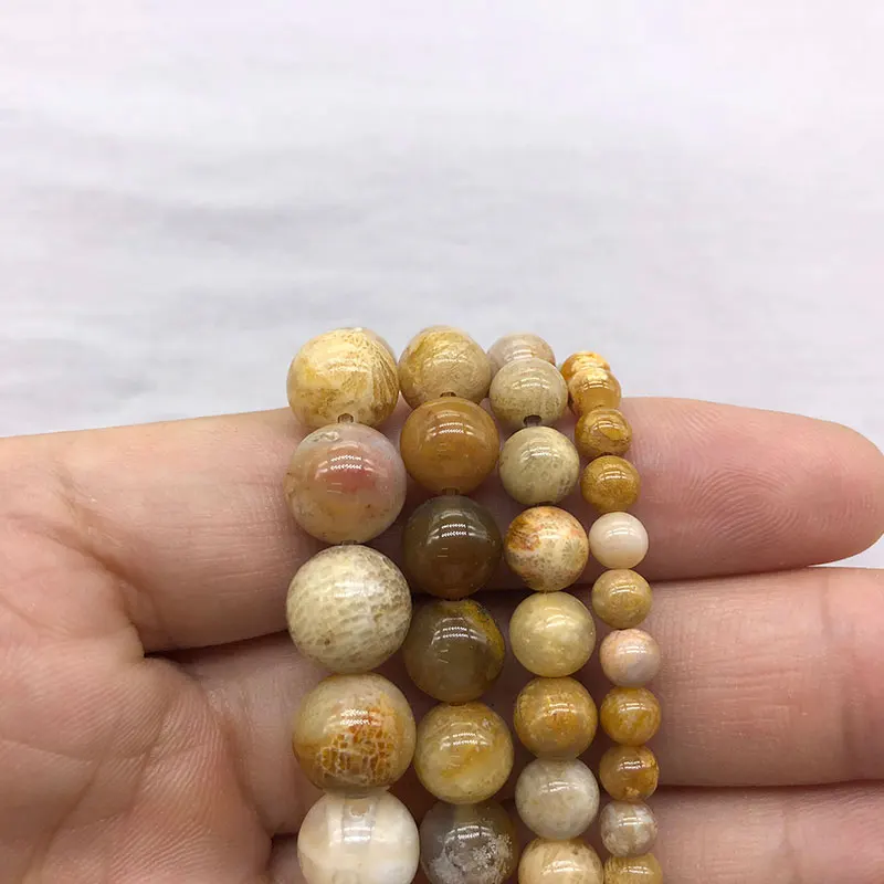 4-12mm Round Light Yellow Fossils Coral Jaspers Beads Natural Stone For Jewelry Making 15'' Needlework DIY | Украшения и