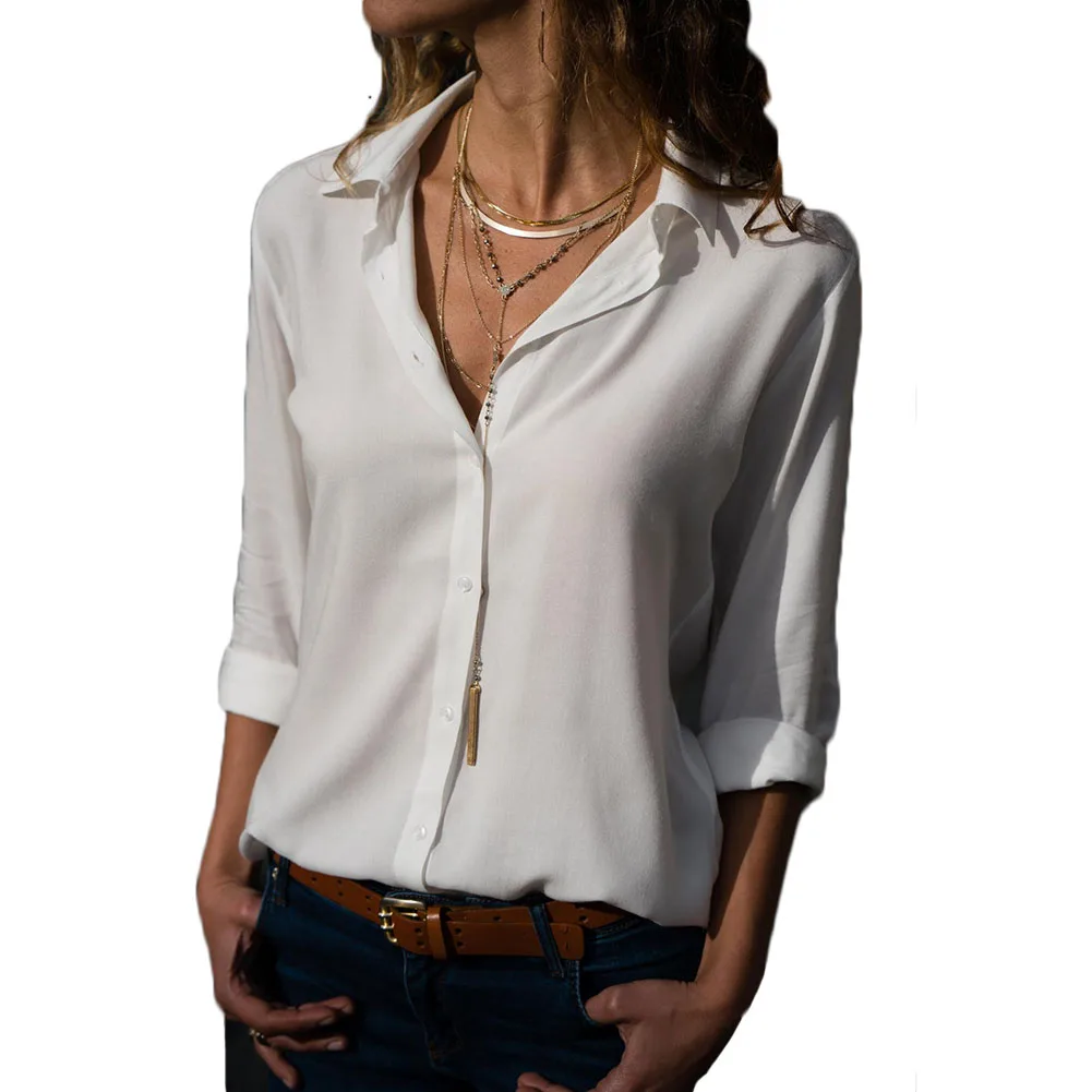 

Womens Blouse Chiffon V-Neck Sexy Turn-Down Collar Yellow Fashion Top Long Sleeve Casual Blouse Loose Hot Blouse 2018 New Fall