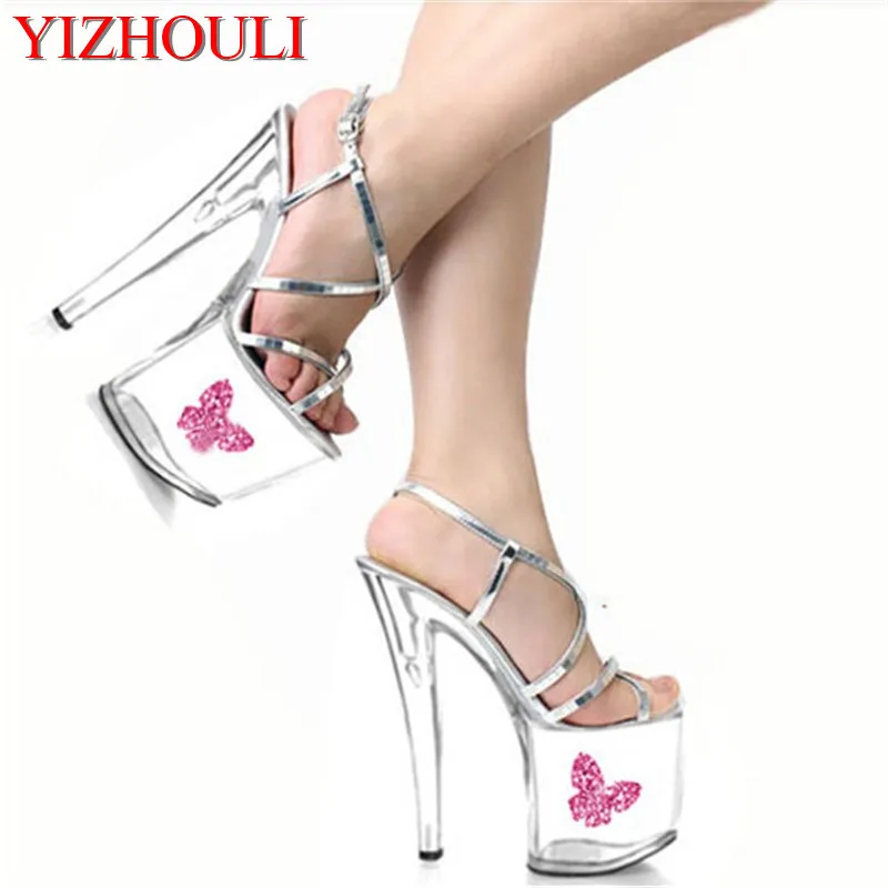 The Hong Kong and Taiwan star silver transparent 20 cm tall color performance dance shoes, high heel sandals